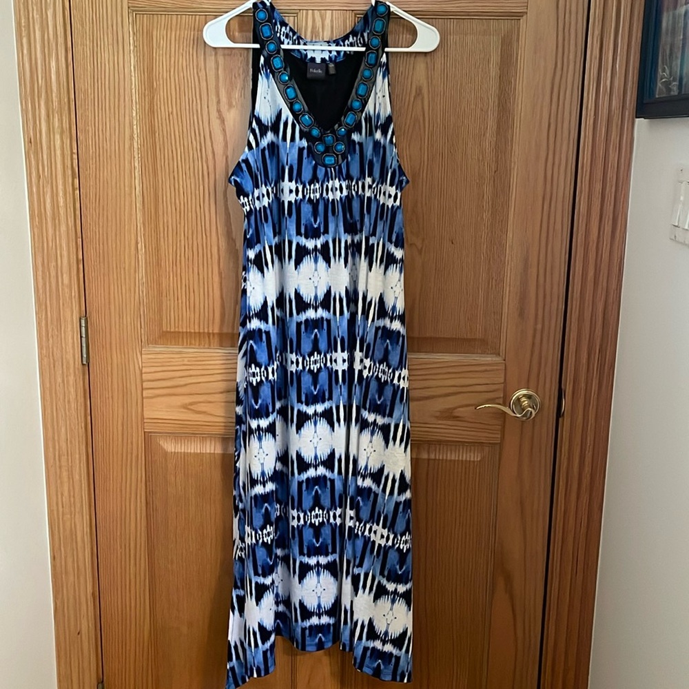 Blue and white tie dye dress with beads